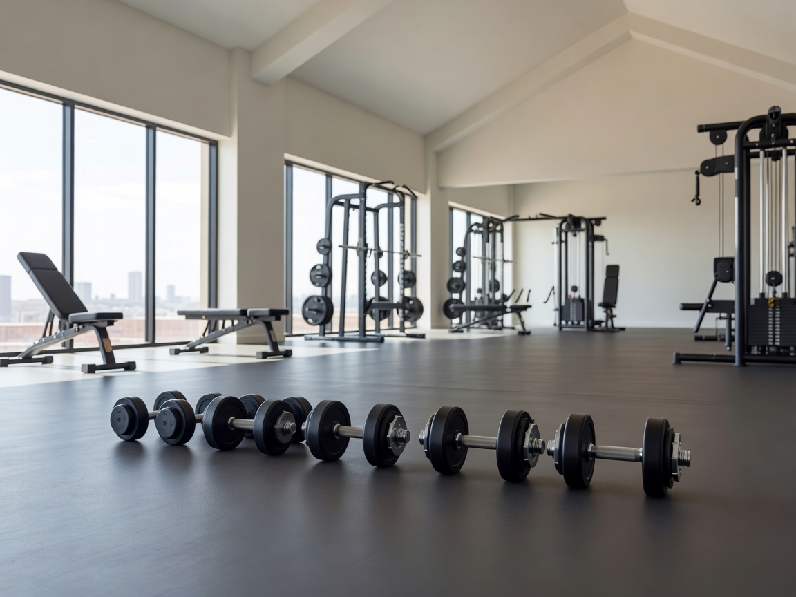 Dumbbells resting on the floor in a clean training space
