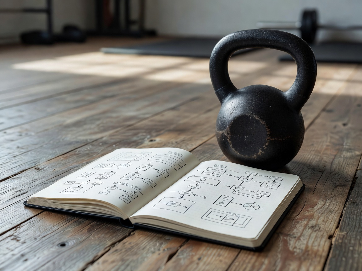 Fitness notebook and kettlebell representing circuit programming