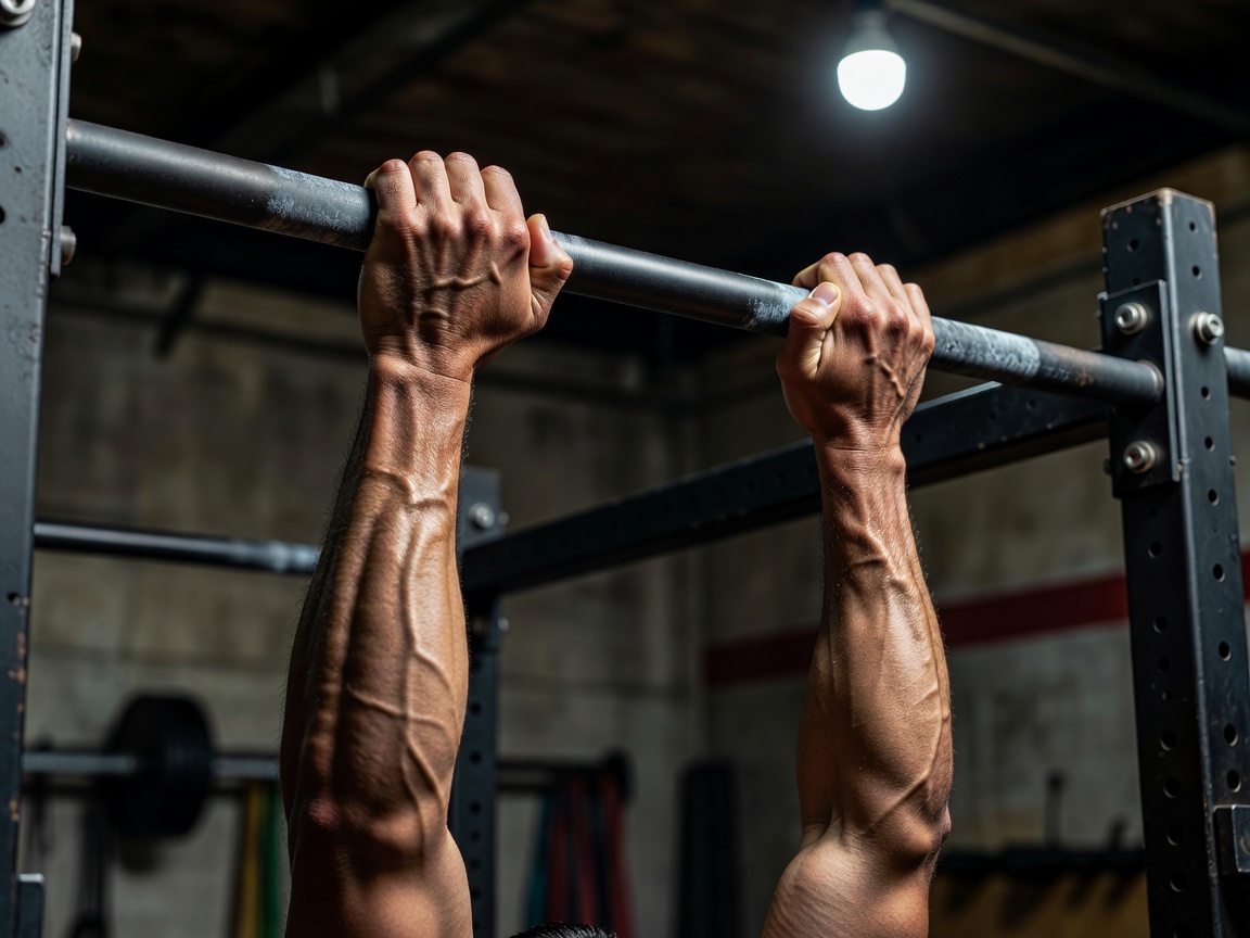 Hands gripping a pull-up bar for bodyweight training